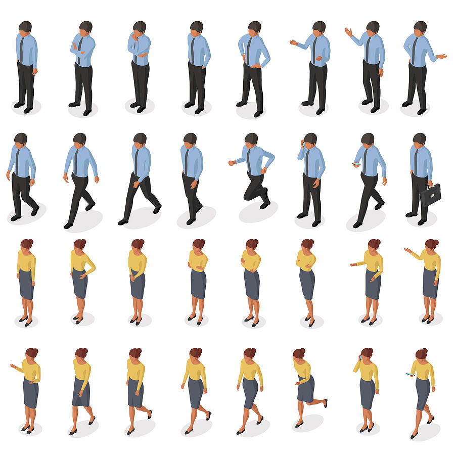 Isometric set of movements and poses of a businessman and businesswoman #1 Drawing by Yuoak