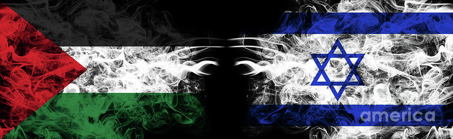 Israel and Palestine war with smoky flags #1 Digital Art by Benny Marty