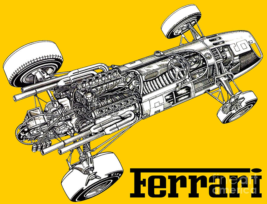 Italian legendary Formula 1 car Ferrari 312 F1 V12. Cutaway art Drawing ...