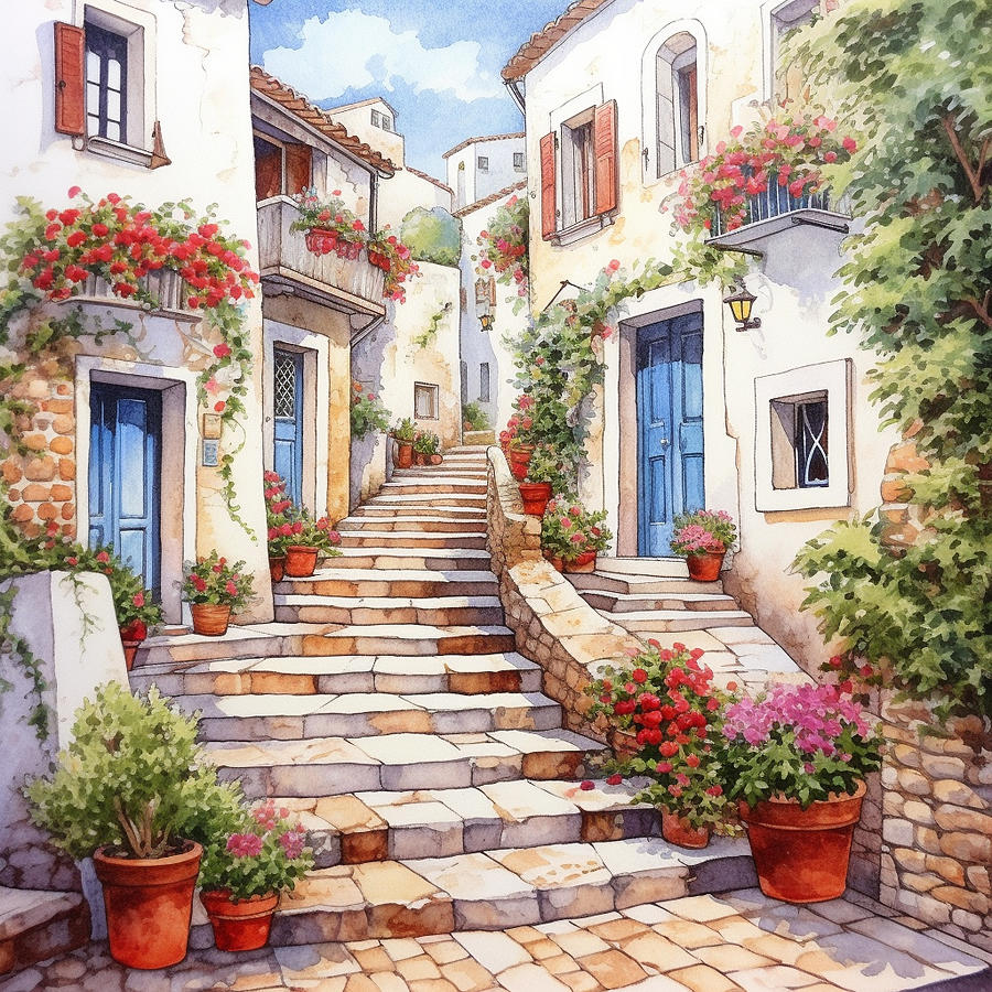 italian village with windows and doors full by Asar Studios Painting by ...