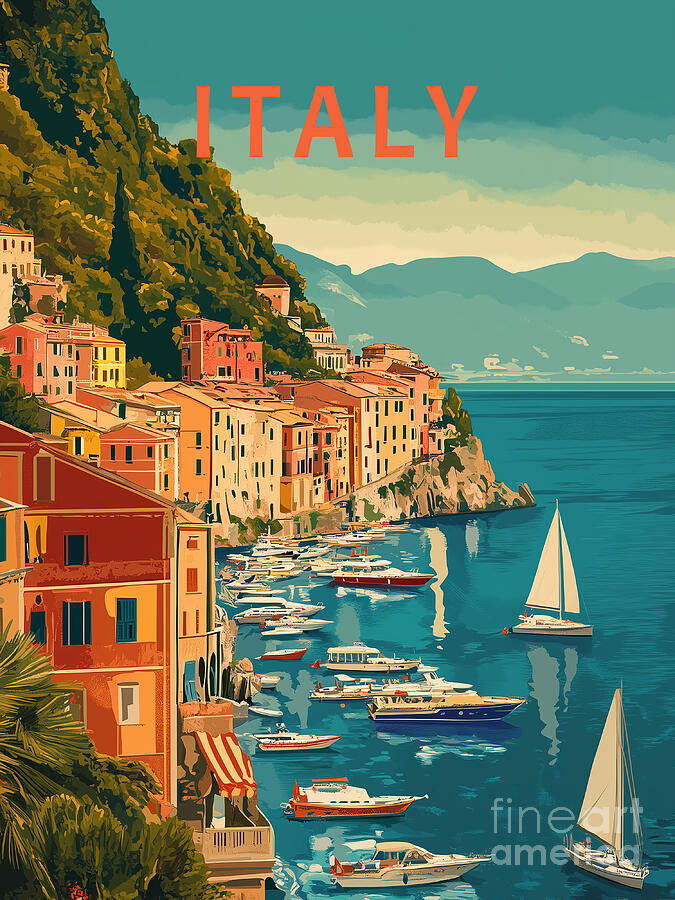 Italy coastal landscape, vintage travel poster Digital Art by Delphimages Photo Creations Italy coastal landscape, vintage travel poster Digital Art by Delphimages Photo Creations