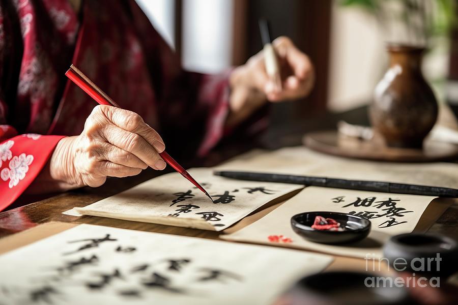 Japanese elderly woman in traditional clothing tries hard to write with ink. #1 Photograph by Joaquin Corbalan