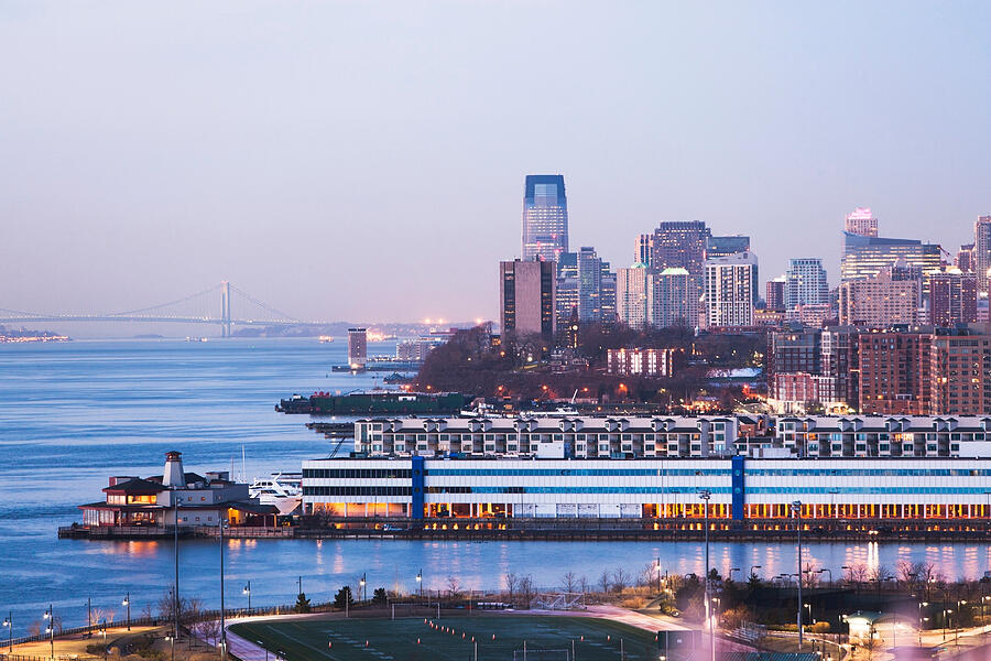 Jersey city skyline and waterfront at dusk, New Jersey, USA #1 Photograph by Ditto