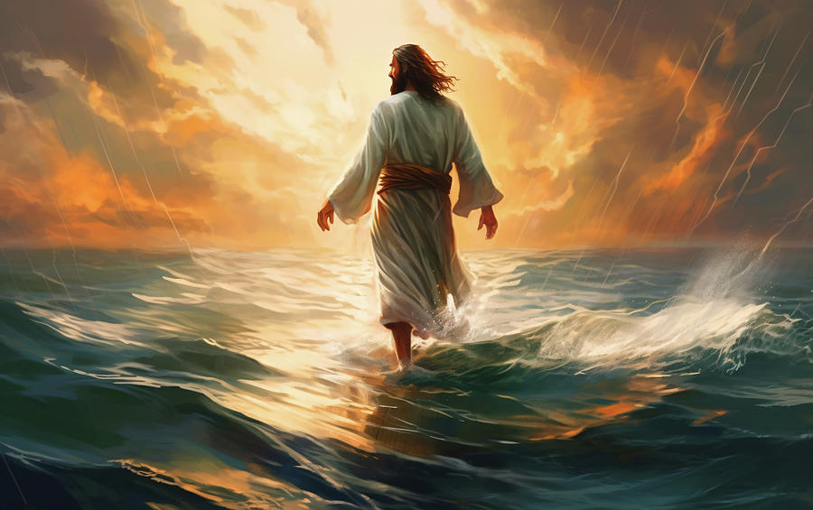 Sunset Digital Art - Jesus Christ walking on the Water #1 by Vlastimil Sestak