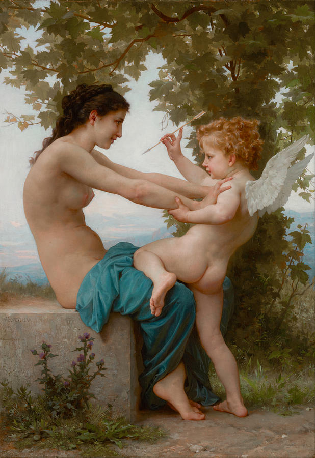 Jeune fille se defendant contre Eros A young girl defending herself against Eros  Una giovane ragazz #1 Painting by William-Adolphe Bouguereau