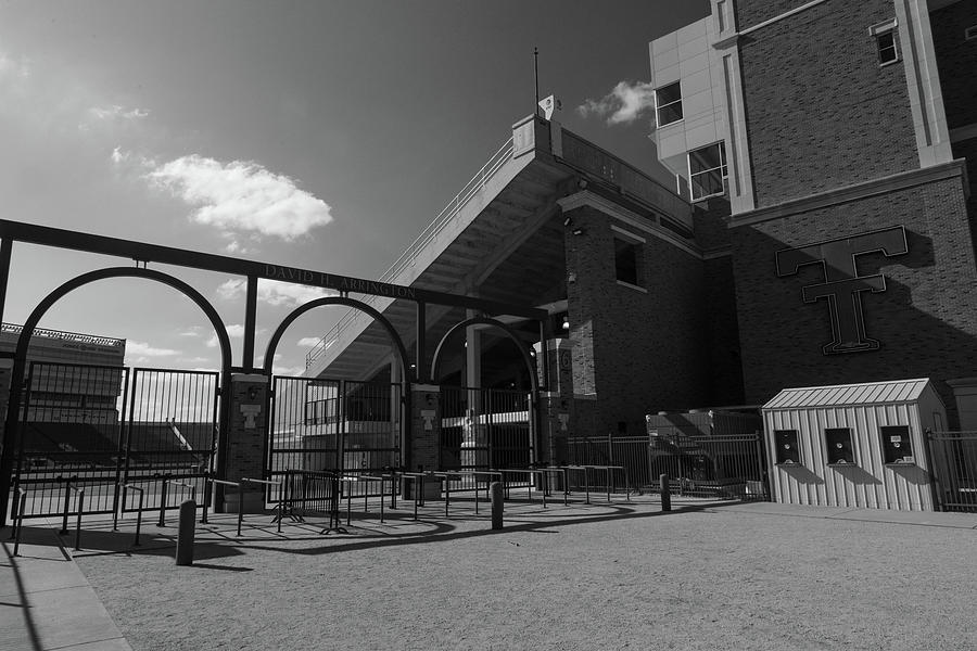 Jones ATT Stadium at Texas Tech University in black and white #1 Photograph by Eldon McGraw