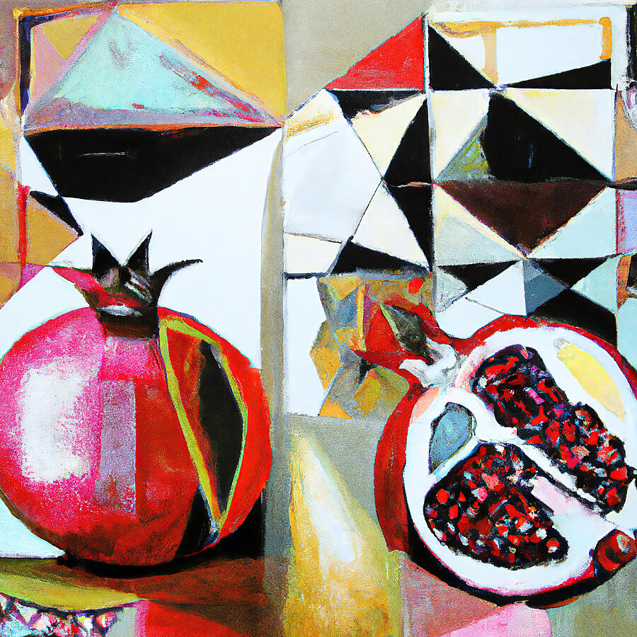 Fruit Painting - Juicy Red Pomegranates - Funky Fruit Abstract #1 by StellArt Studio