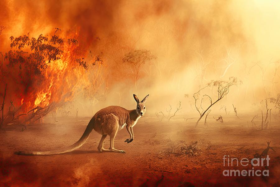 Kangaroo escaping from Australian bushfires #1 Digital Art by Benny Marty