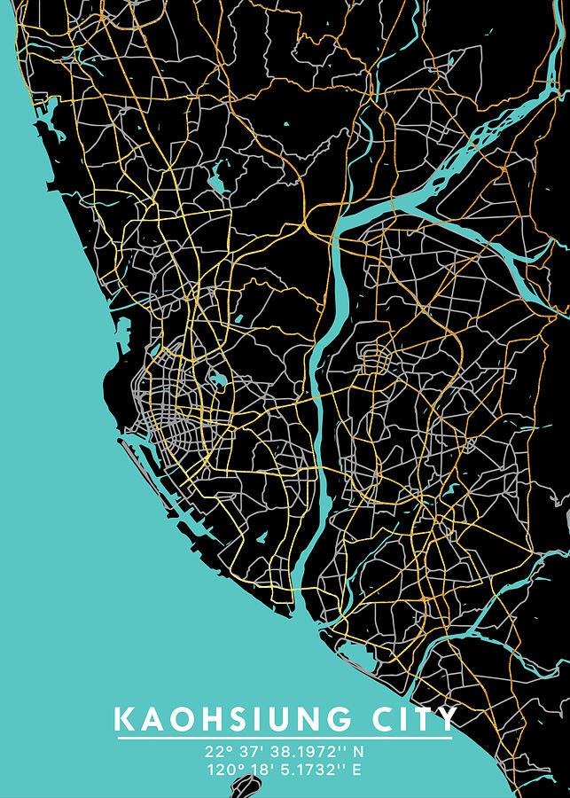 Map Digital Art - Kaohsiung City, Taiwan #1 by Towery Hill