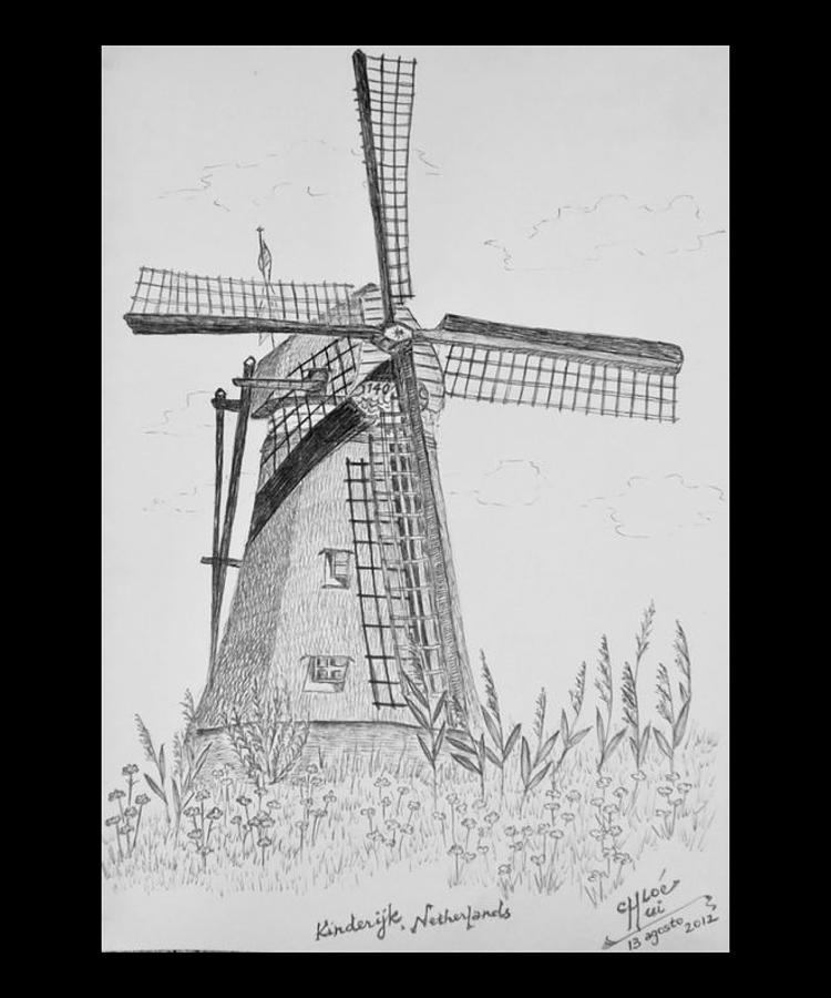 Kinderdijk Windmill Drawing Digital Art by Pristine Artist