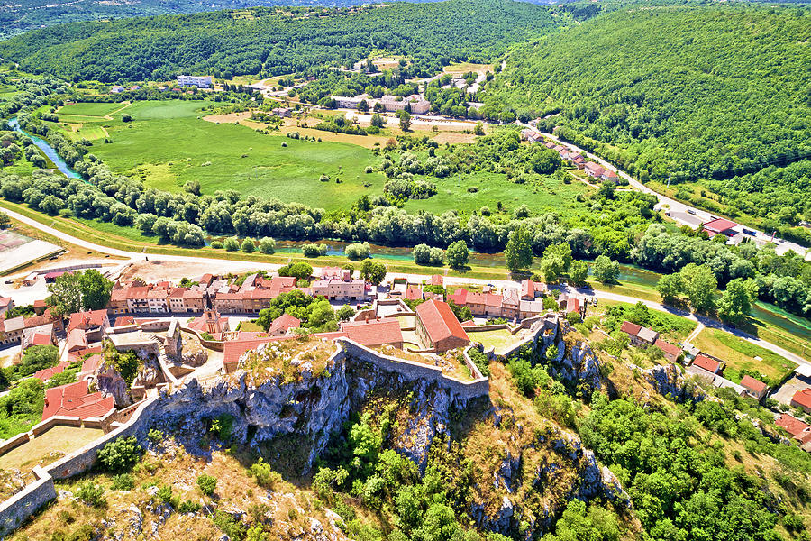 Architecture Photograph - Knin fortress on the rock and Krka river aerial view #1 by Brch Photography