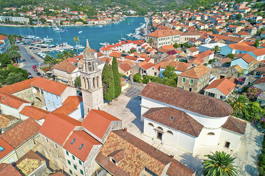Architecture Photograph - Korcula island. Town of Vela Luka church tower and rooftops aeri #1 by Brch Photography