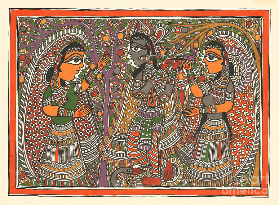 Krishna with Gopis Painting by Mithila Crafts