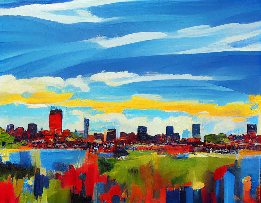 landscape  painting  of  boston  blue  skies  colorful  acry  by Asar Studios Digital Art