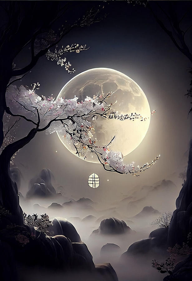 landscape  under  the  moon  a  plum  blossom  vertica  by Asar Studios Digital Art