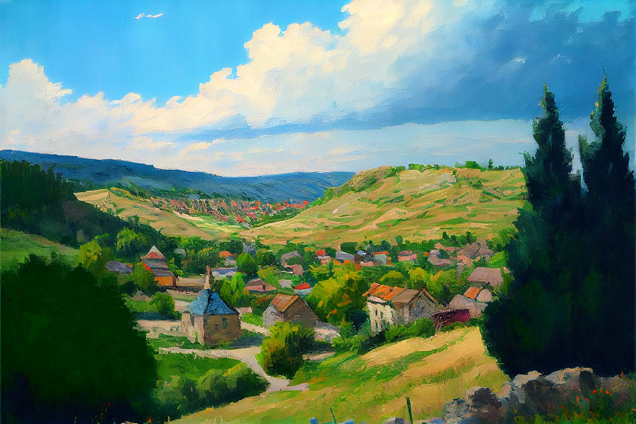 landscape  valley  village  beautiful  day  oil  pain  by Asar Studios Digital Art