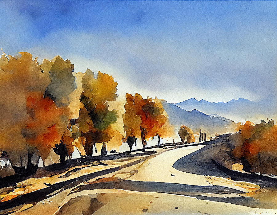 landscape  watercolor  painting  of  curving  road  north  a  by Asar Studios Digital Art