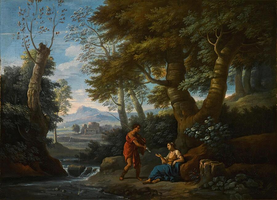 Landscape with a fisherman and a female figure by a river #1 Painting by Andrea Locatelli Italian
