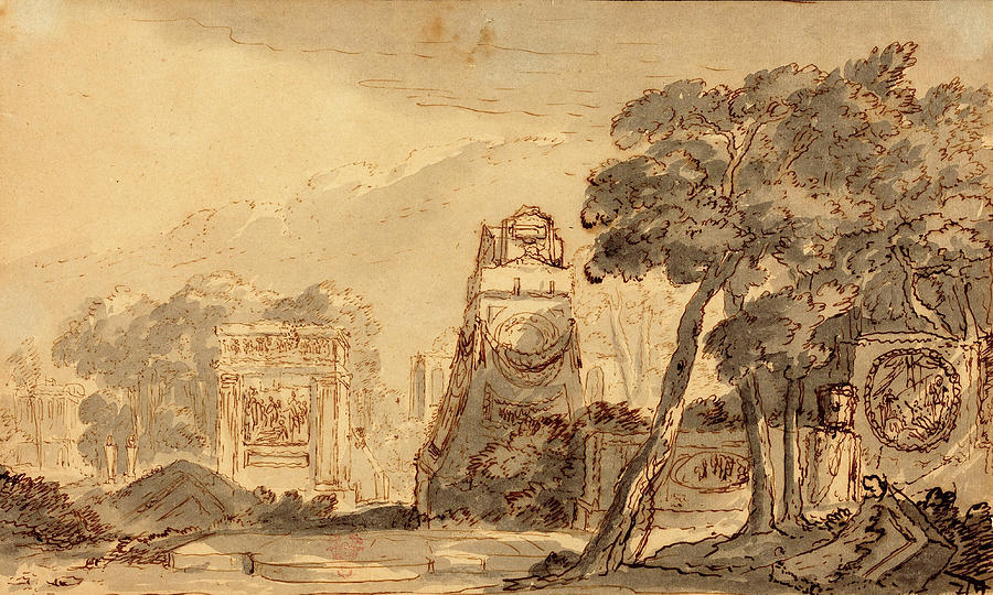 Landscape with Ancient Tombs Drawing by Agostino Mitelli - Fine Art America