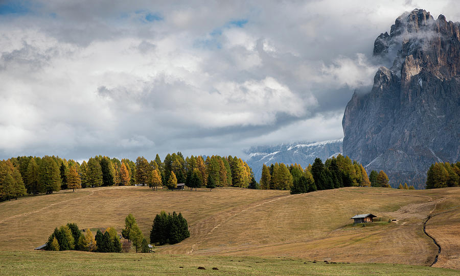 Landscape with beautiful autumn meadow field and the amazing Dolomite rocky peaks. Valley of Alpe di siusi Seiser Alm South Tyrol Italy. #1 Photograph by Michalakis Ppalis