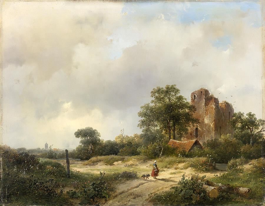 Landscape with the ruins of Castle Brederode in Santpoort #2 Painting by Andreas Schelfhout