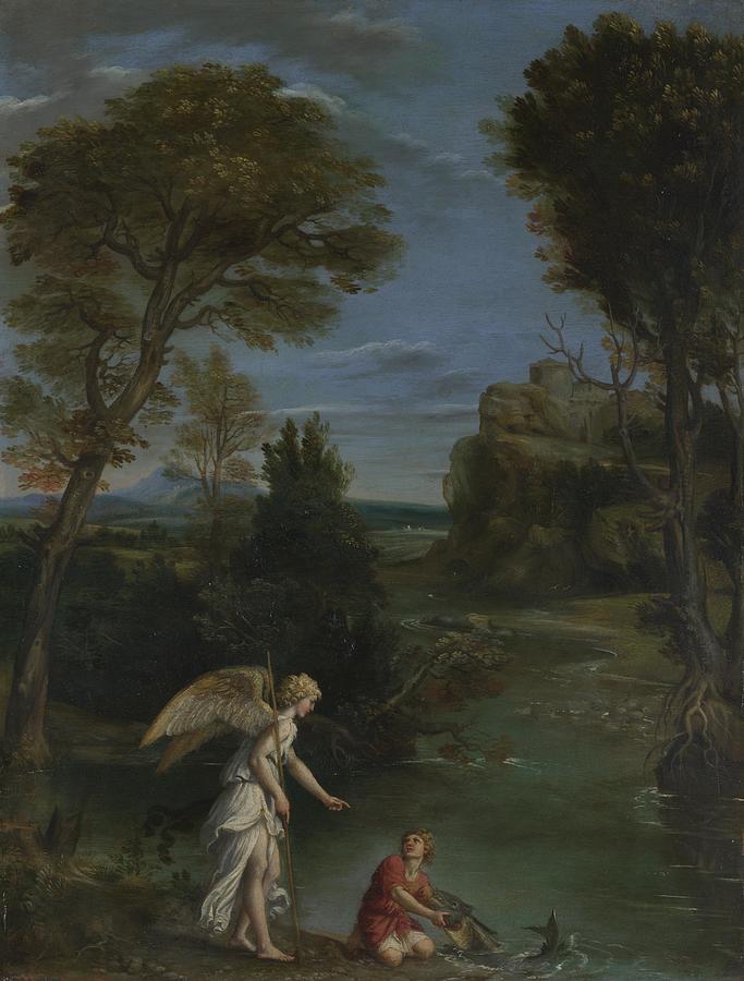 Landscape with Tobias laying hold of the Fish  #1 Painting by Domenichino