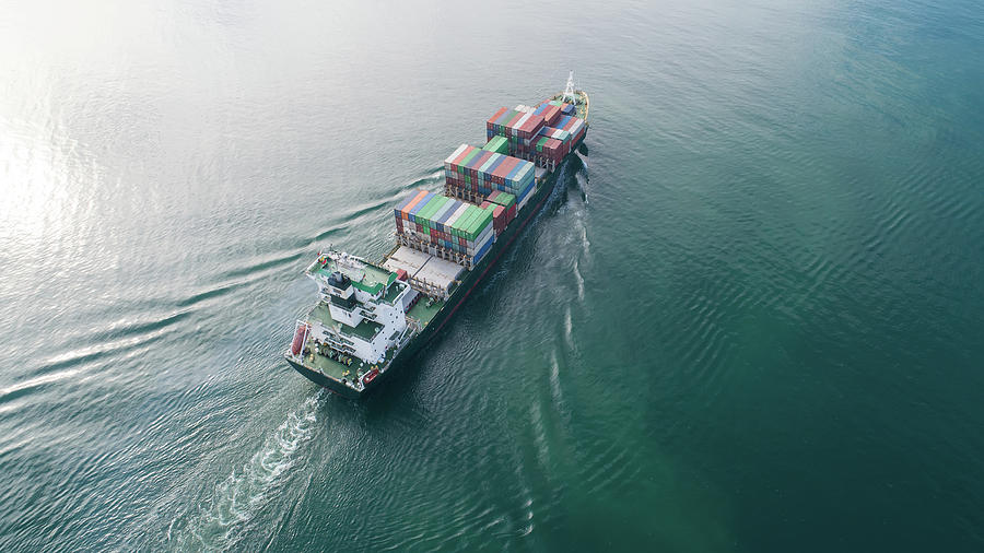 Large container ship at sea. Aerial top view of cargo container ship ...