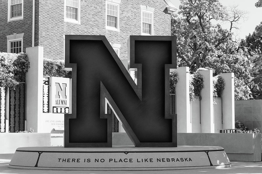Large Red N statue at the University of Nebraska in black and white #1 Photograph by Eldon McGraw