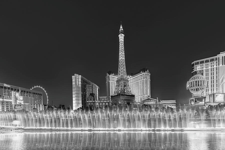 Las Vegas Fountains Show BW Photograph by Susan Candelario