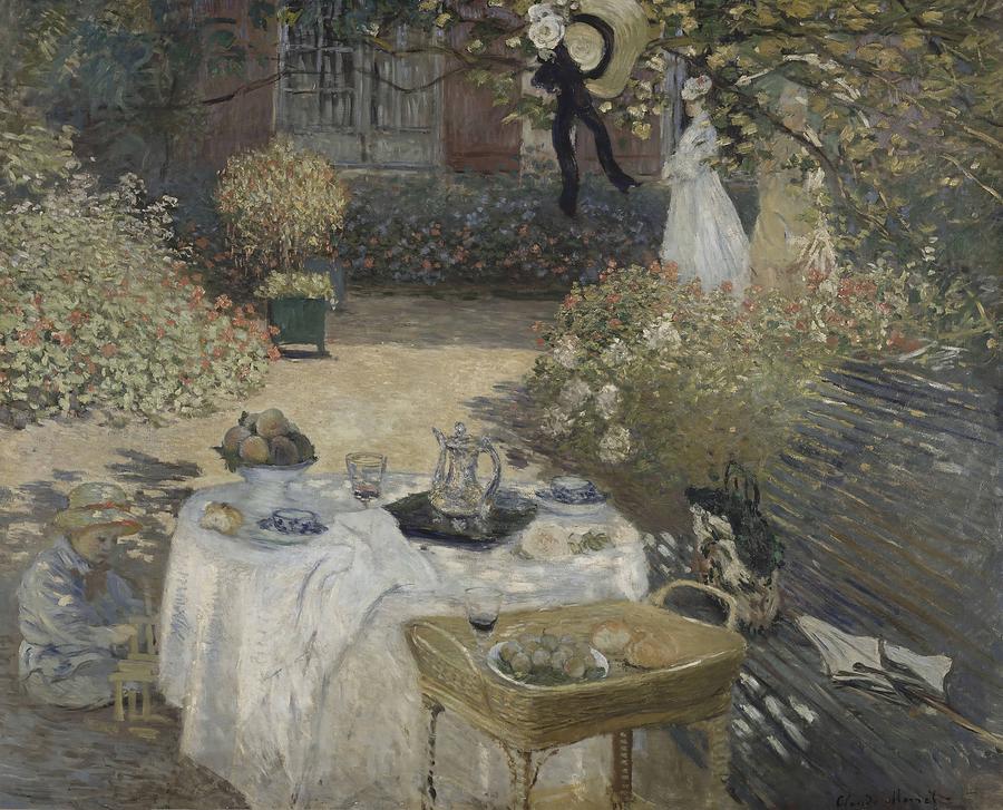 Claude Monet Painting - Le dejeuner   panneau decoratif  jardin de Monet a Argenteuil  a gauche son fils Jean   #1 by Claude Monet