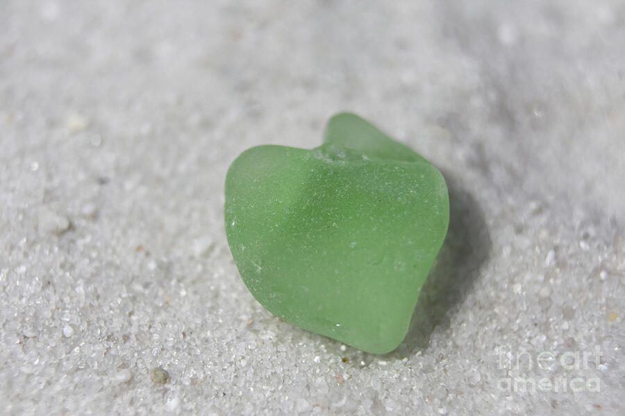 Sign Photograph - Light Green Heart Shaped Sea Glass on Sand #1 by DejaVu Designs