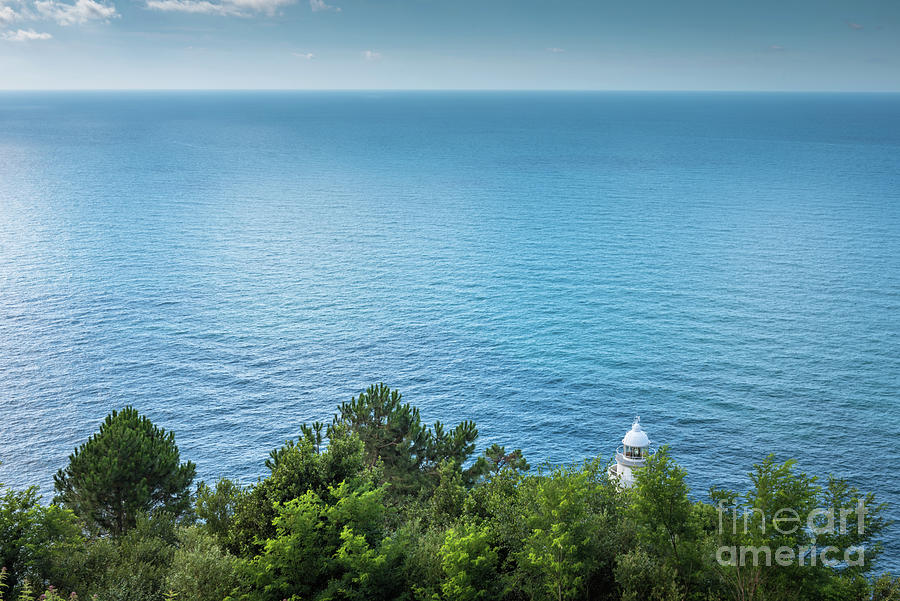 Lighthouse Behind The Trees In Cyan Sea Photograph