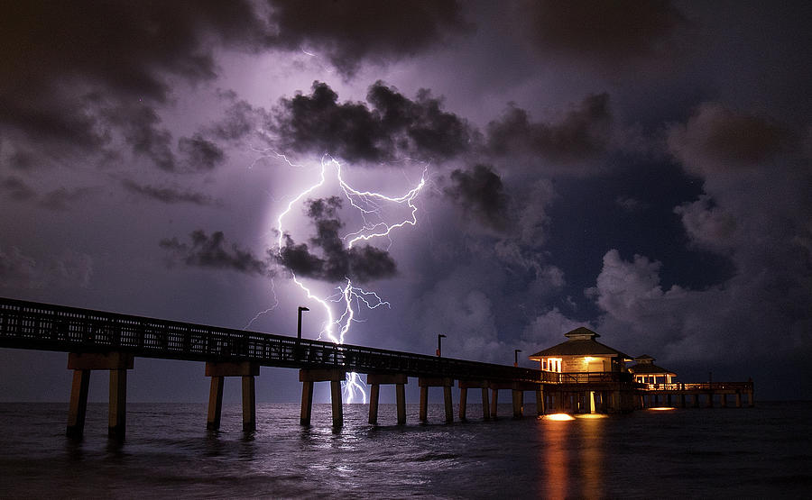 Lightning Strike at Fort Myers Beach Pier #1 Digital Art by Andrew West