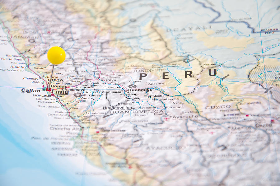 Lima, Brazil, Yellow Pin, Close-Up of Map. #1 Photograph by Nodramallama