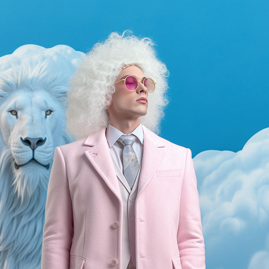 Lion  As  Albino  Male  Fashion  Model  In  Futuristic  By Asar Studios Painting