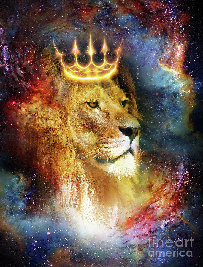 Lion King In Cosmic Space Lion On Cosmic Background Mixed Media By Jozef Klopacka