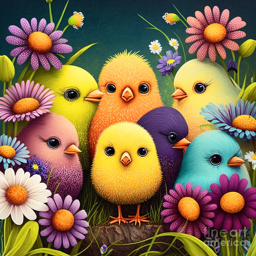 Little chicks and flowers 3 #1 Mixed Media by Binka Kirova