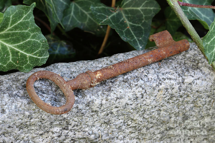 Lost old rusty key lying on the stone #1 Photograph by Michal Boubin