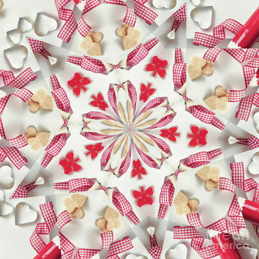 Love And Romance Abstract Mandala Series Gingham And Heart Shaped Cookies And Cutters Mixed Media