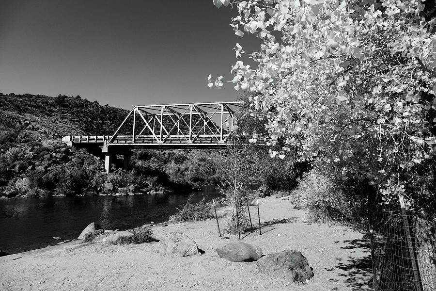Lower Taos Canyon in New Mexico Bridge View in black and white #1 Photograph by Eldon McGraw