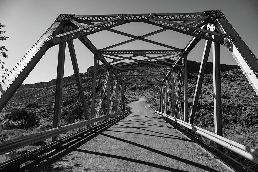 Lower Taos Canyon in New Mexico with bridge in black and white #1 Photograph by Eldon McGraw