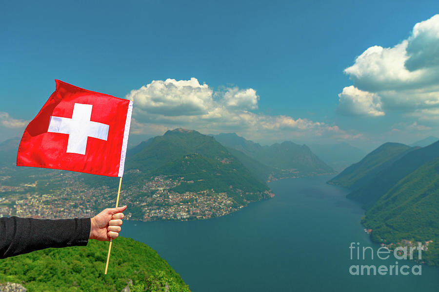 Lugano San Salvatore Swiss flag #1 Photograph by Benny Marty
