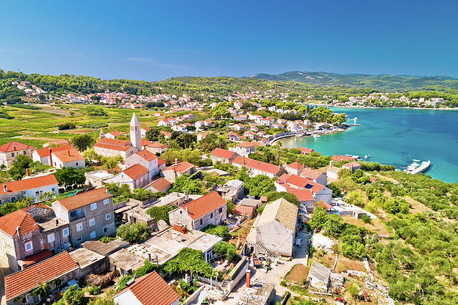 Lumbarda. Korcula island vllage of Lumbarda archipelago aerial v ...