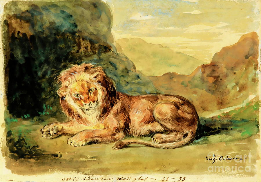 Lying Lion in a Landscape #1 Painting by Eugene Delacroix