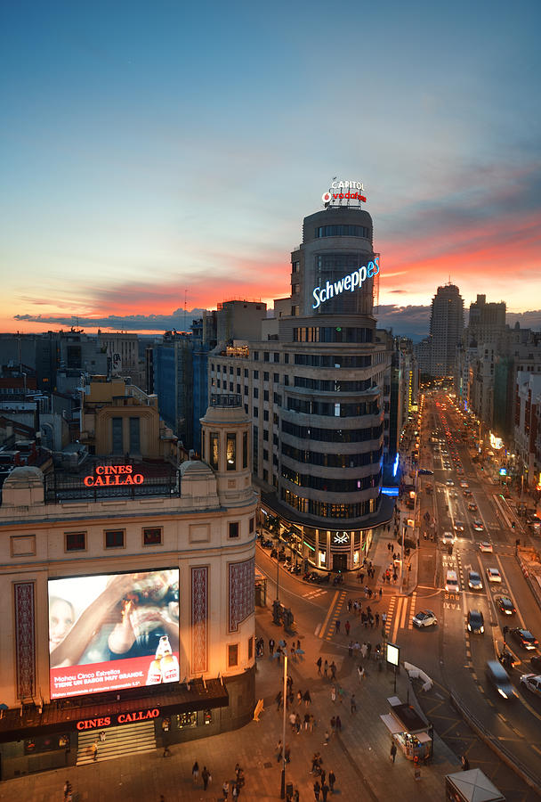 Madrid Gran Via business area sunset #1 Photograph by Songquan Deng