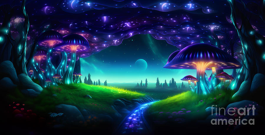 Magical fairy tale landscape with many shining mushrooms and glow of fireflies.  #1 Digital Art by Odon Czintos