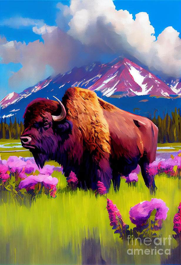 Majestic  Buffalo  In  Spring  Landscape  Cinematic   By Asar Studios Digital Art