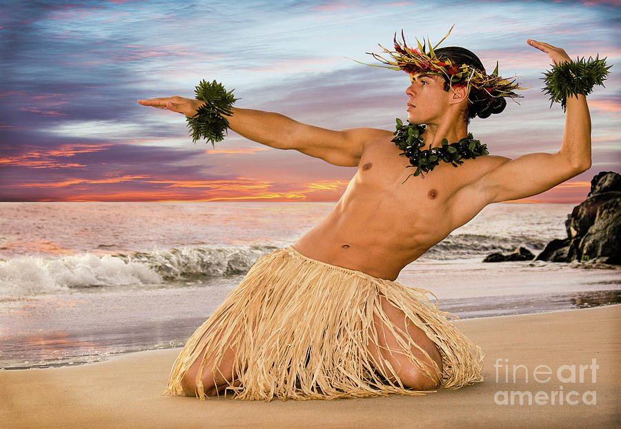 Male Hula dancer performs on the beach at sunset Photograph by Gunther Allen