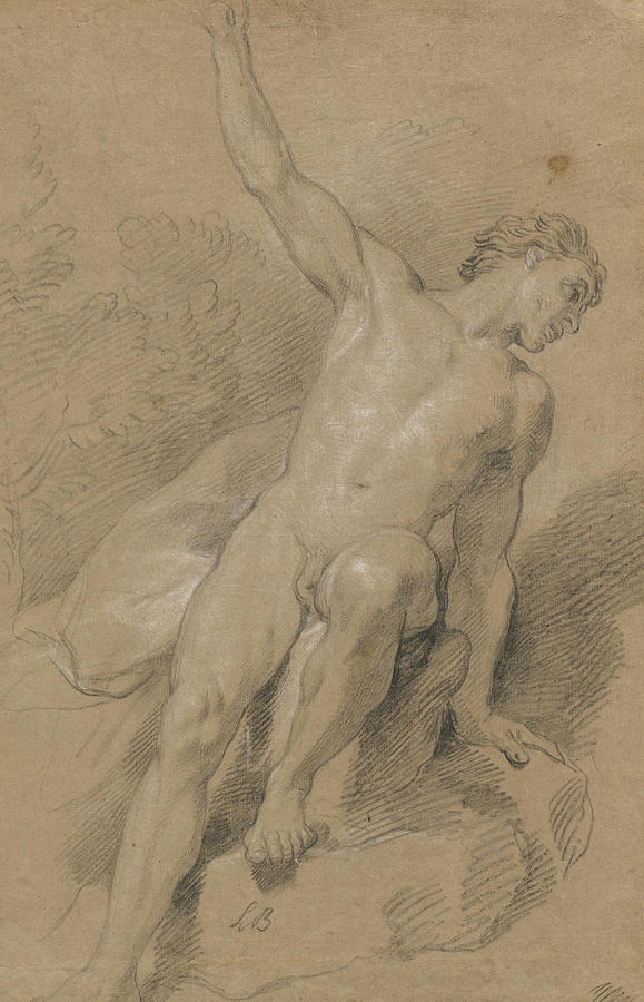 Male Nude Seated on Rocks #2 Drawing by Louis de Boullogne the Younger