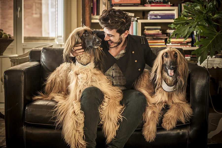 Man flanked by dogs on sofa #1 Photograph by Cultura RM Exclusive/Antonio Saba